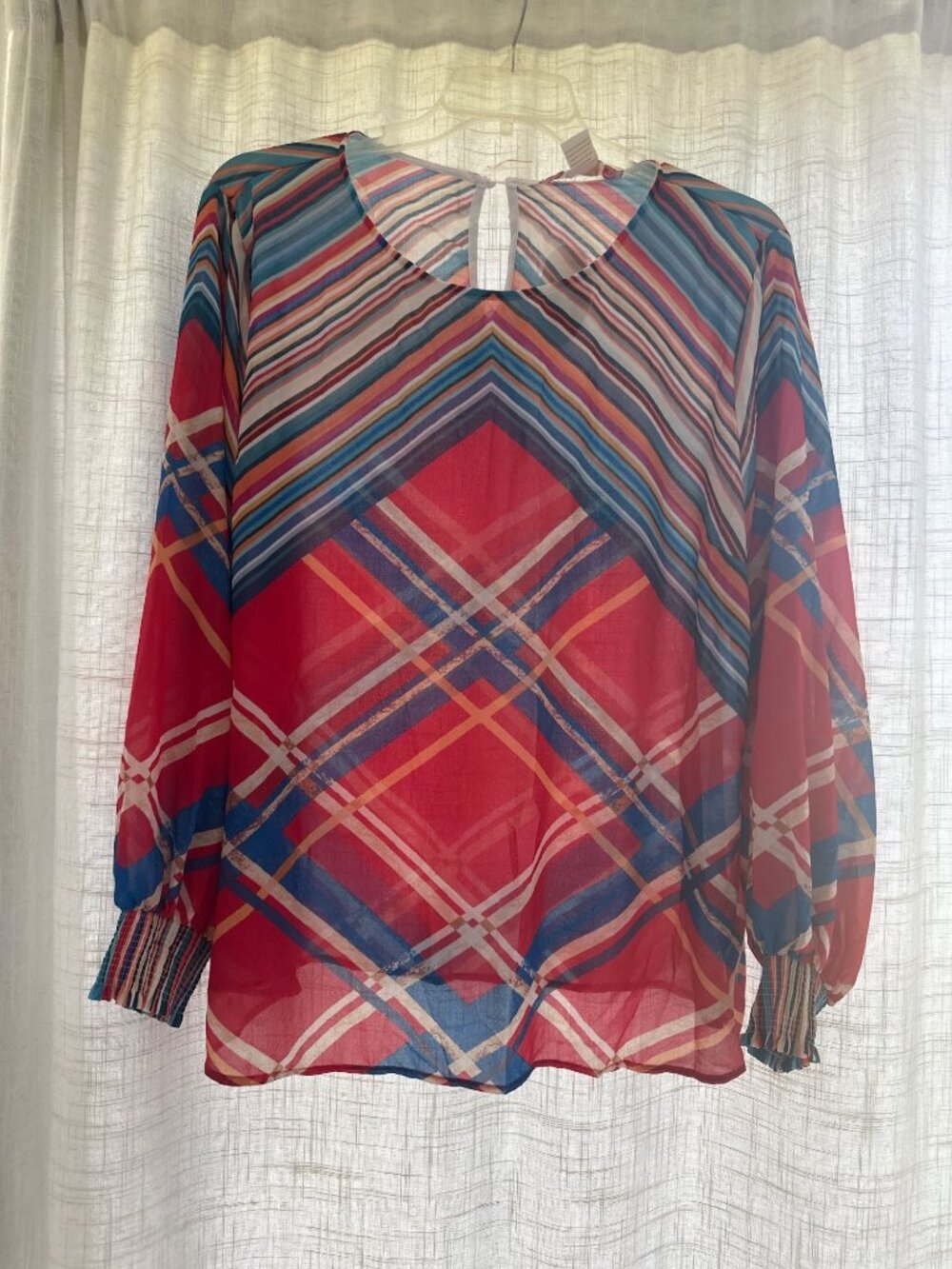 Flying Tomato Multicolor Sheer Striped & Plaid Blouse With Smocked Cuffs Women’s